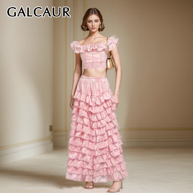 

GALCAUR Summer Elegant Two Piece Set For Women Square Collar Spliced Ruffles Top High Waist Mini Skirt Solid Sets Female Style