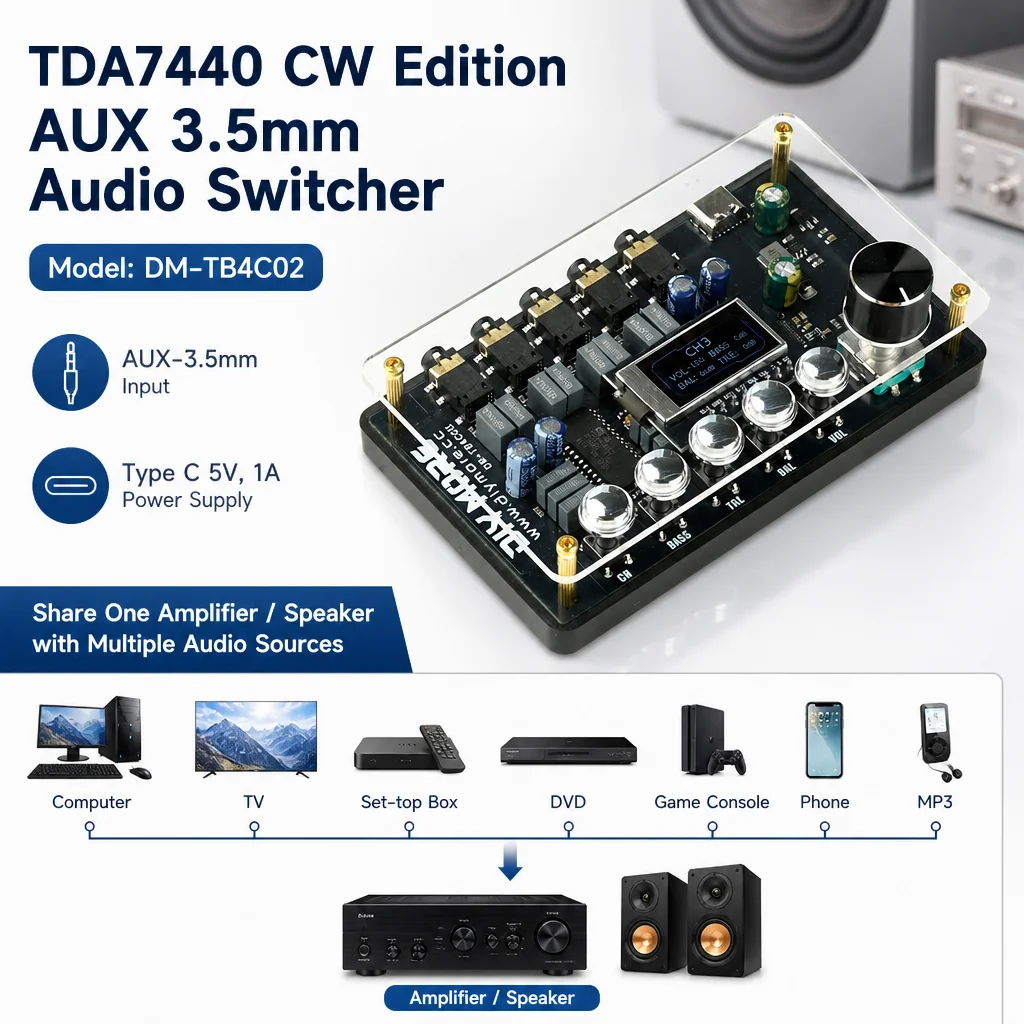 TDA7440 Audio Switcher Module 4 Channel Audio Selector With Bass Treble Balance Volume Adjust Type C 5V Power Supply
