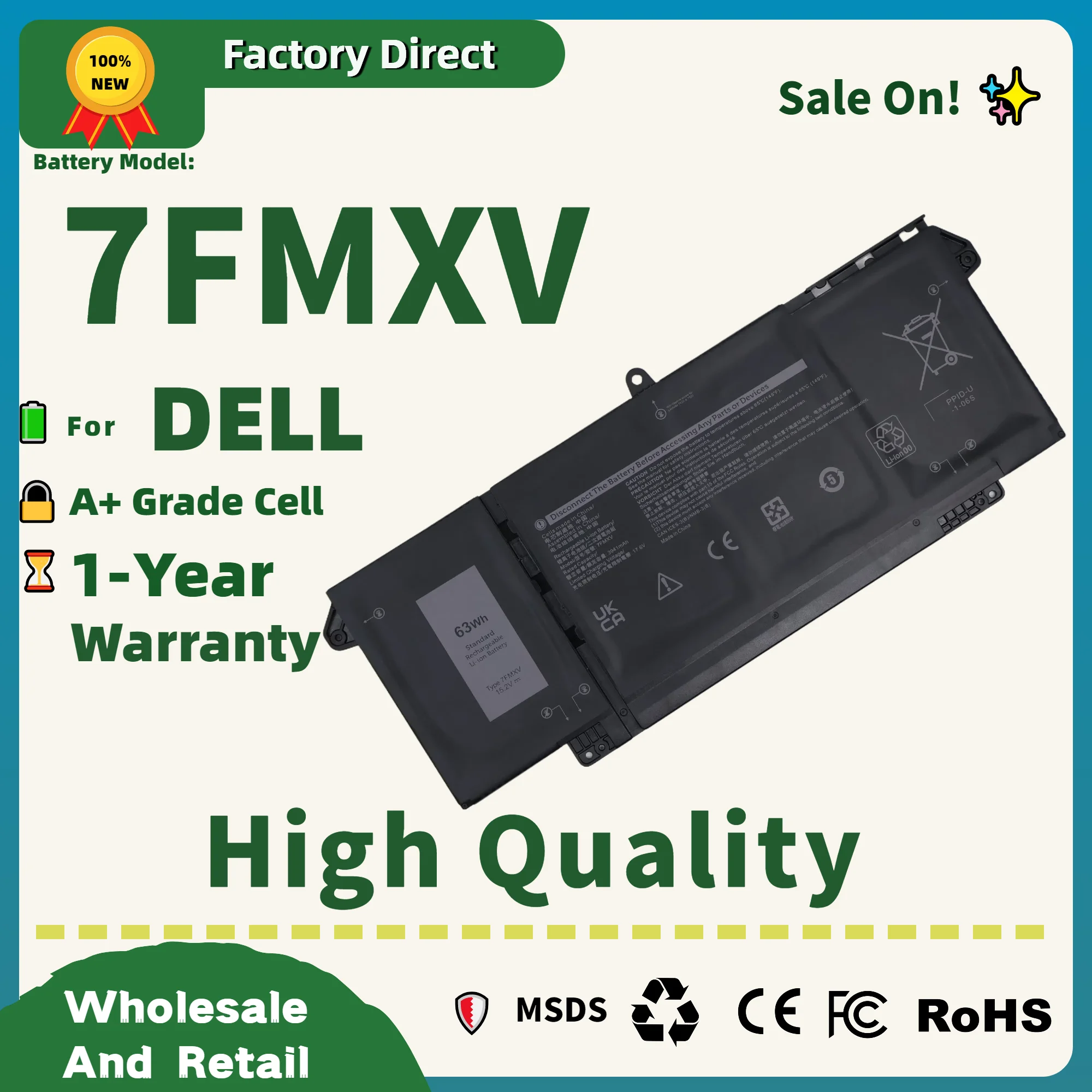 Factory Direct!  7FMXV 9JM71 For DELL Latitude 5320 7320 7420 7520 Series HDGJ8 MHR4G TN2GY 4M1JN 1PP63 Laptop Battery