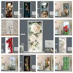 White Rose Flower Wallpaper For Door Self-adhesive Home Design Door Cover Bedroom Bathroom Decoration Doors Poster Wall Stickers