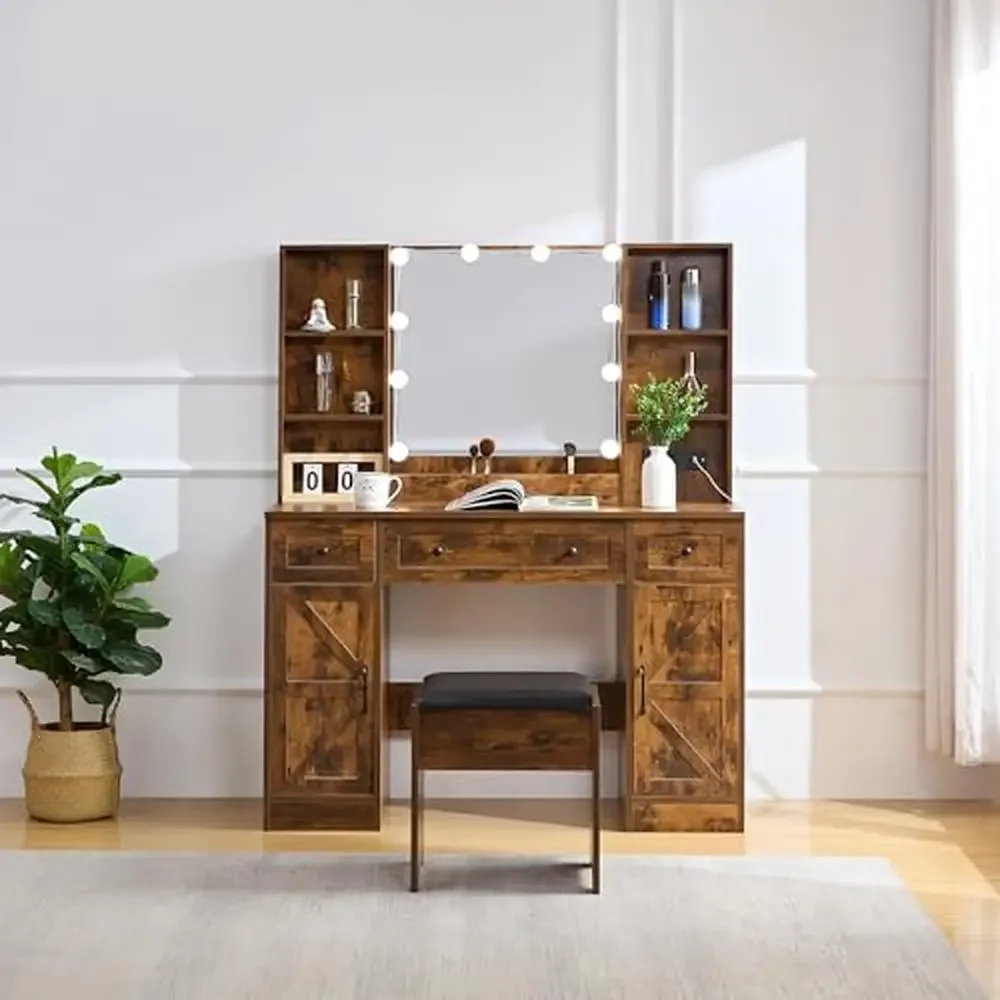 MDF Wooden Vanity Desk with Mirror Lights Chair Shelves and Drawers Makeup Table with Charging Station Rustic Farmhouse Chic