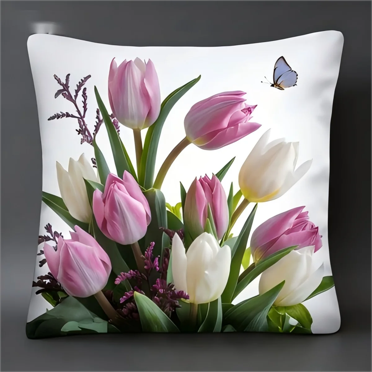 Rosa-weiße Tulpen-Blumen-Kissenhülle, Frühlings-Blumen-Schmetterlingsdruck, weicher Kissenbezug für Zuhause, Sofa, Schlafzimmer, Dekoration, Geschenk