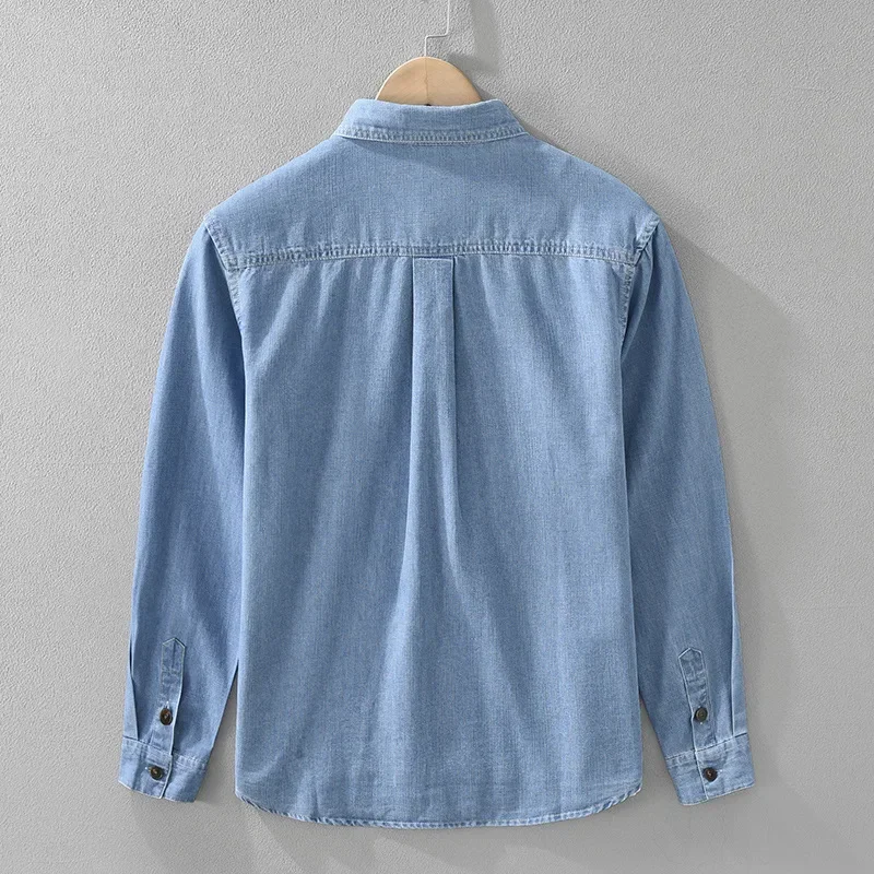 Spring New Korean Style Long Sleeve Denim Shirt Men Streetwear Retro Jean Shirts Male Double Pockets Cowboy Top Casual Shirts