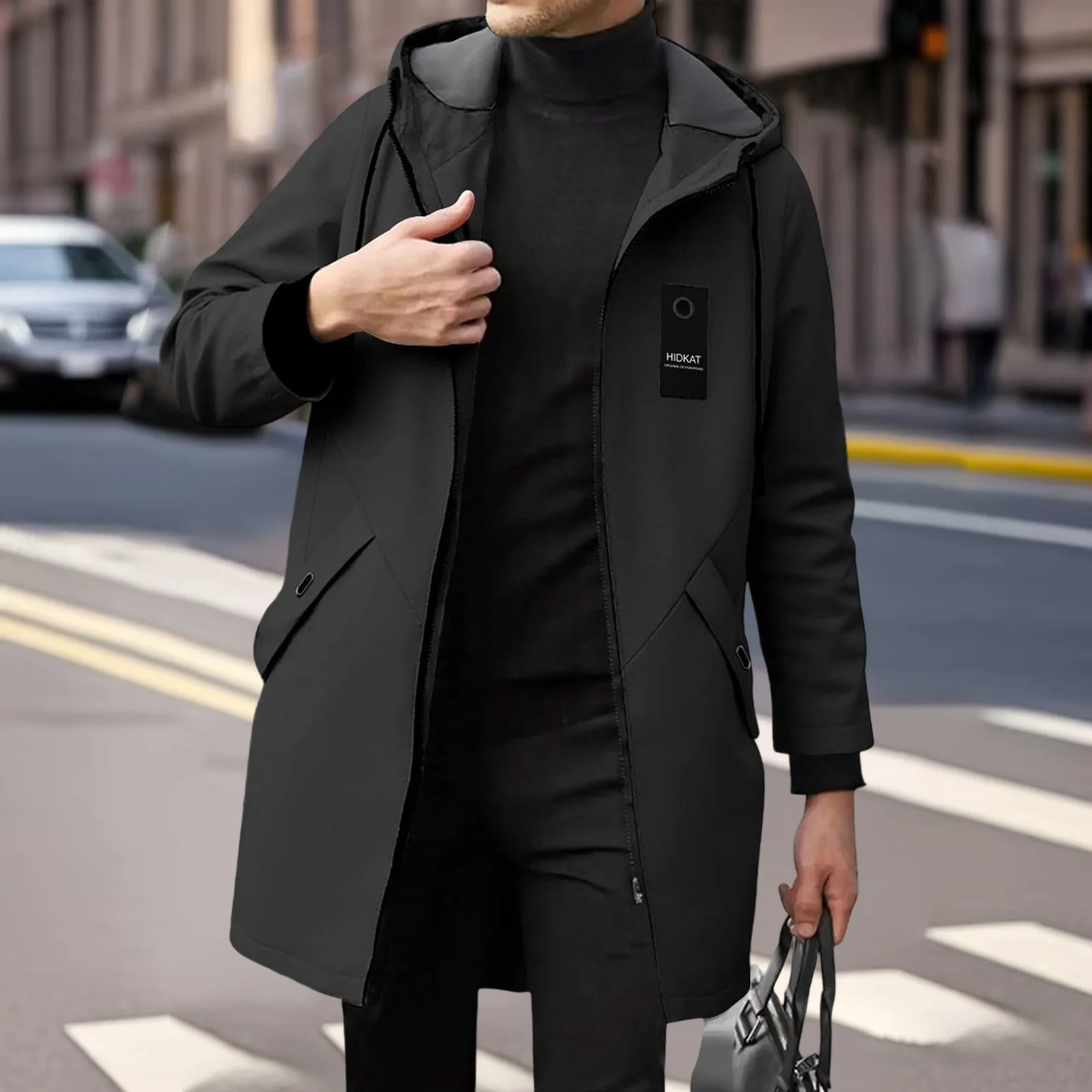 

Men’s Mid Length Trench Coat Long Sleeve Hooded Casual Windbreaker Business Outwear for Autumn