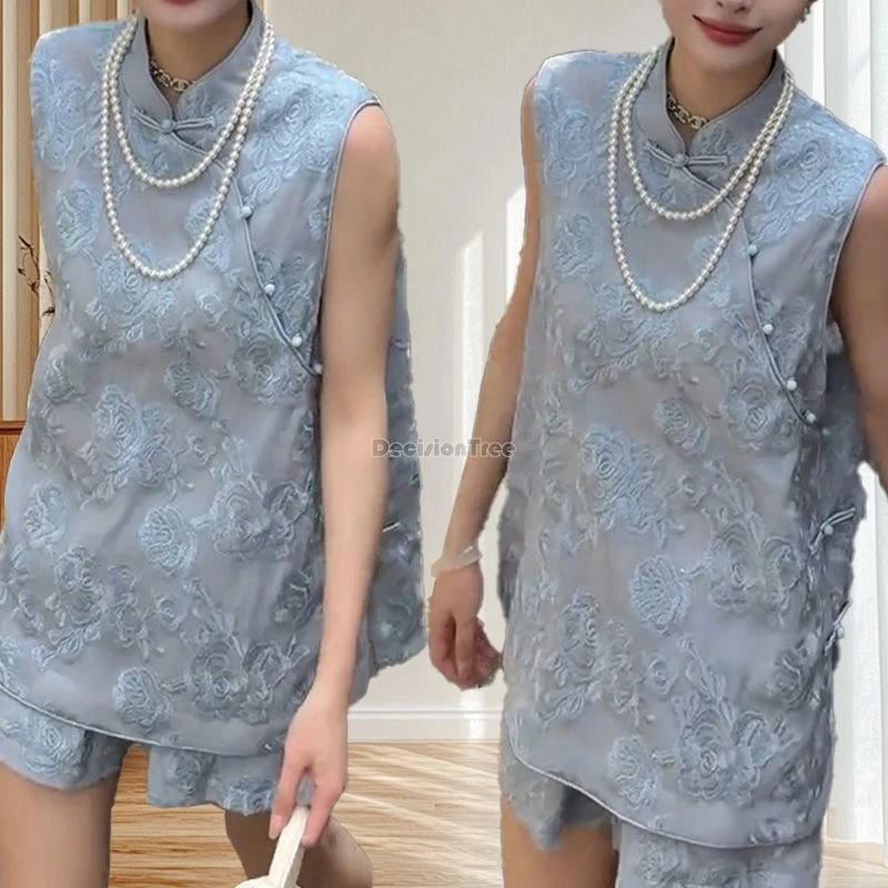 2025 النمط الصيني الجديد فضفاض غير رسمي بلا أكمام الوقوف طوق Chonegsam بلوزات وسراويل قصيرة الصيف النساء موضة تانغ دعوى 2 قطعة مجموعة #2