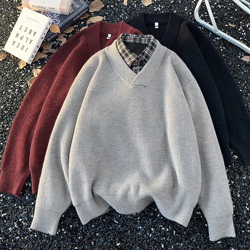 

Autumn Winter V-neck Sweater Men's Lazy Knitted Base Sweaters Retro Solid Color Jumper