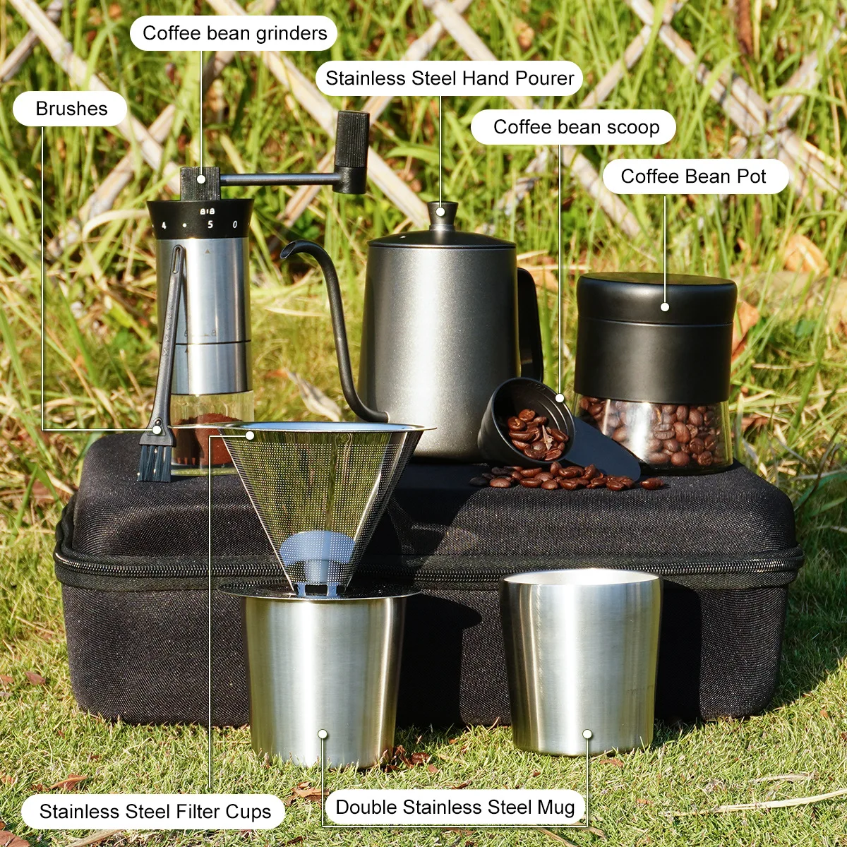 Outdoor Camping Hand-Poured Coffee Maker Set Stainless Steel Coffee Utensil Portable Drip Coffee Maker Grinder