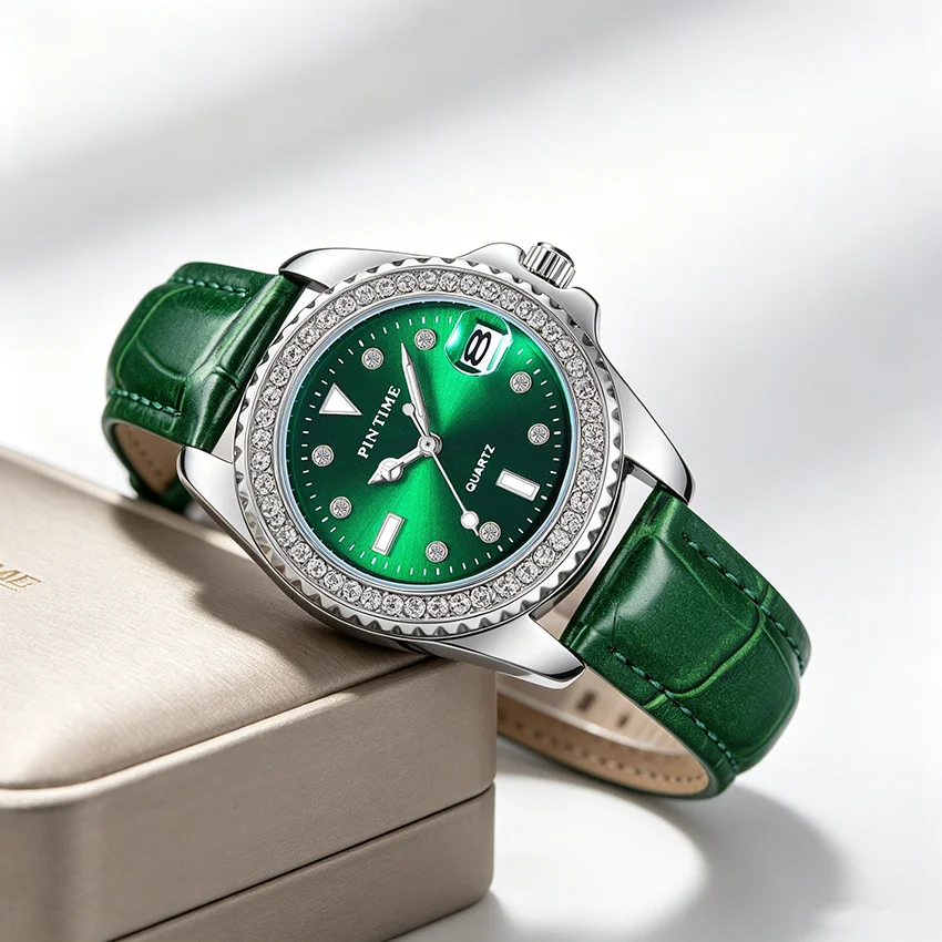 

PINTIME Luxury Women's Watch Emerald Green Leather Strap Diamond Quartz Wristwatch Date Waterproof Relogio Feminino Reloj Mujer