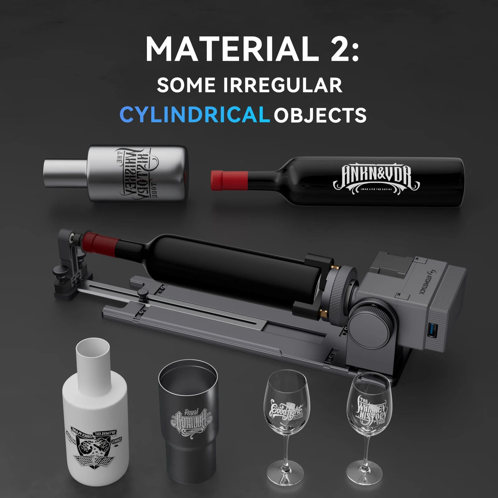 Mandrin rotatif Atomstack R8 pour graveur laser, axe rotatif réglable 180 °   Diamètre rotatif 1-80 mm pour objets cylindriques