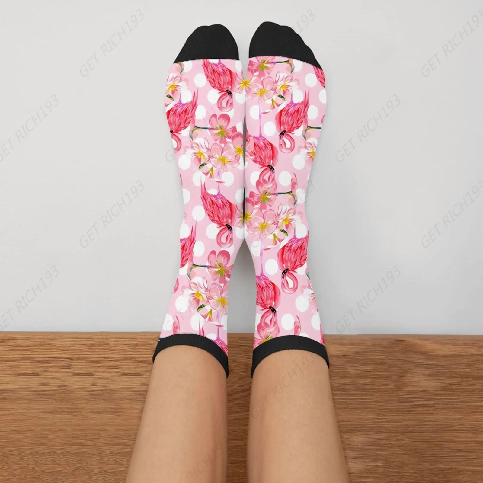 Pink Cute Flamingo Flower Novelty Fun Crew Socks Fashion Comfortable Men And Women Crazy Dress Socks One Size