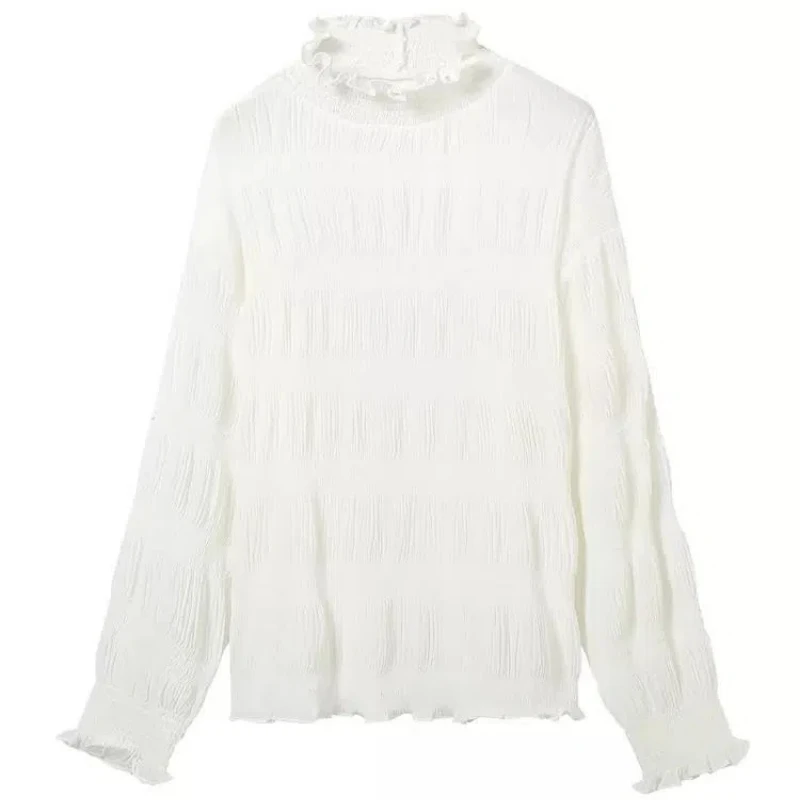 Chiffon Bottoming Shirt Ruffled Sweet Style Spring Autumn Half High Collar Slim See-Through Flare Sleeve Top Elegant Pullover