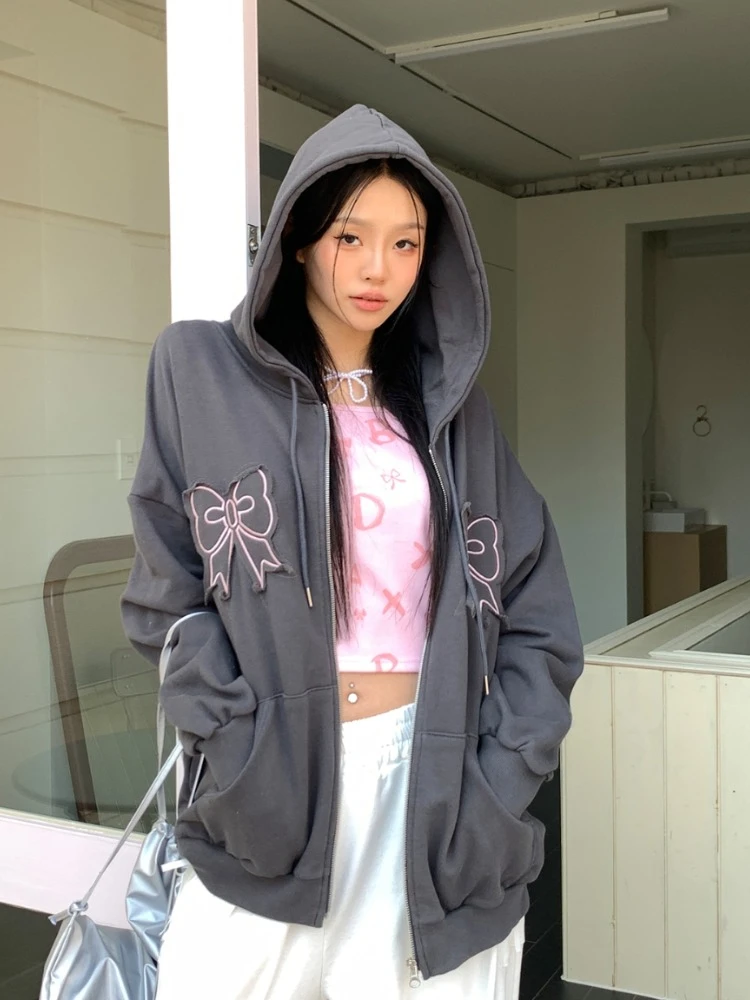 

HOUZHOU Y2k Harajuku Bow Patchwork Hoodies Women Korean Style Kawaii Cuteore Streetwear Zipper Hooded Sweatshirt Soft Girl 2024