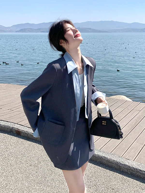 

ay Spliced Fake Two-Piece Suit And ort Skirt Set for Women Autumn Commute Faion Casual High Waist Workwear Ensemble
