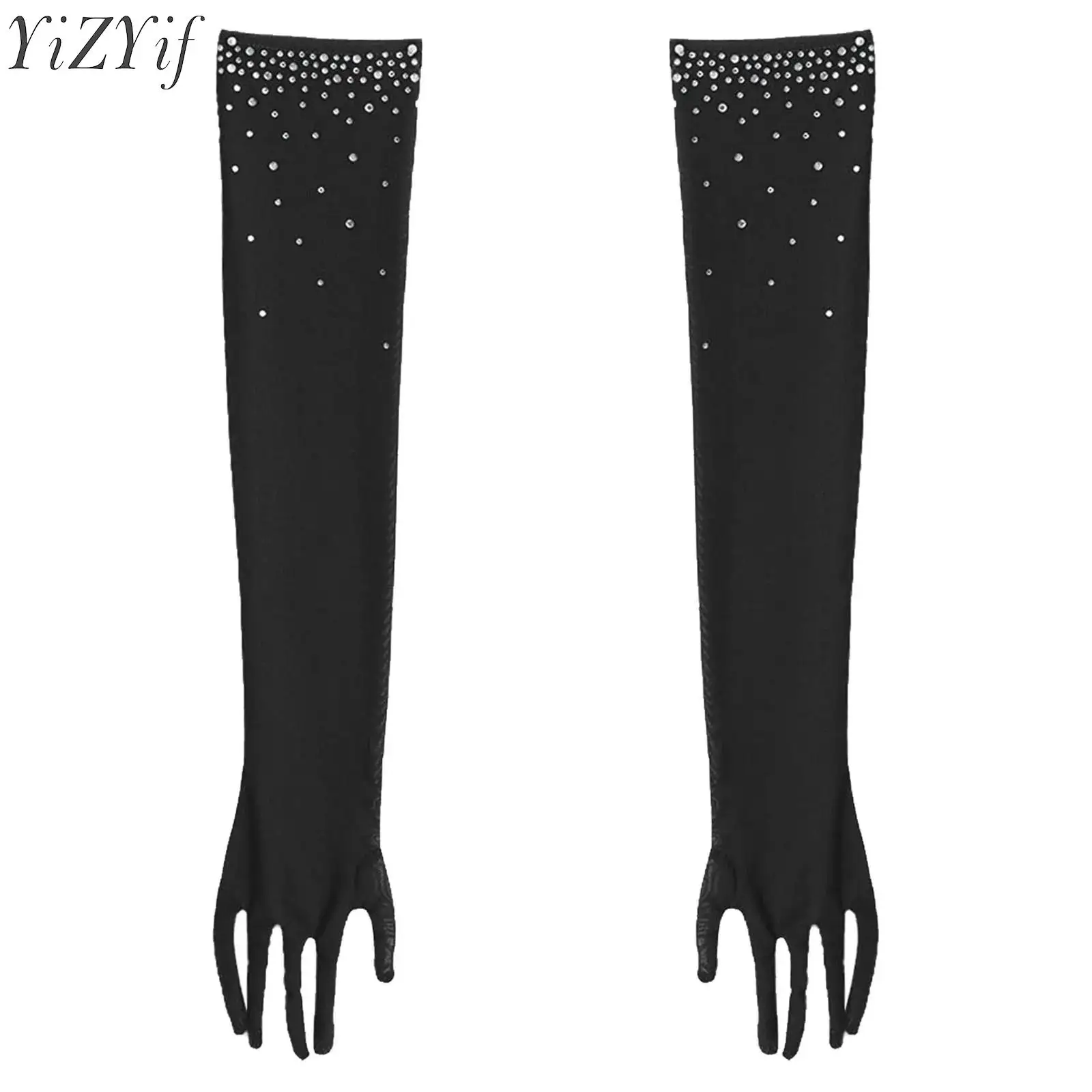 

1 Pair Gloves Kids Girls Latin Jazz Dancing Costumes Accessories Child Glittery Rhinestones Five-Finger Full-Length Mesh Mittens