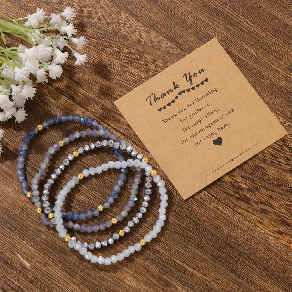4 Layers 4mm Faceted Glass Beads Handmade Adjustable Bracelet for Women Design Elastic String Bracelet Thank You Card Jewelry