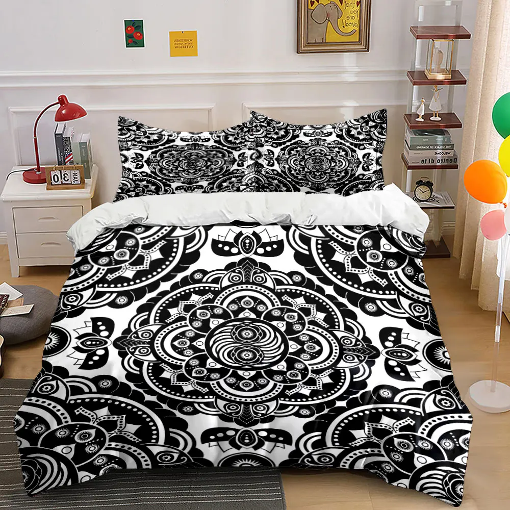 Aufwendiges, schwarz-weißes Mandala-Muster, bedrucktes Bettbezug-Set, 1 Bettbezug + 2 Kissenbezüge, Bettwäsche-Dekor für Schlafzimmer in verschiedenen Größen
