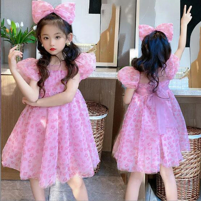 

3-8 Years Summer Full Print Flowers Pearl Decoration Mesh Princess Dress For Girls Fashion Puff Sleeve Skirt Send Bow Hair Clip