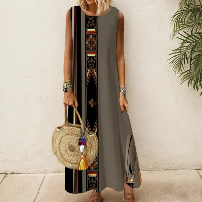 Elegant Printed O-Neck Sleeveless Women Dress Fashion Summer Loose Casual Beach Long Dresses Ladies Boho Maxi Dress Vestidos