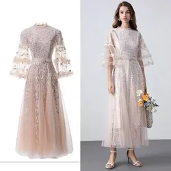 Luxury Fashion Autumn Mesh Embroidery Flower Holiday Long Clothes Elegant Women Ruffled Collar Ear Fungus Edge Party Dress Robe