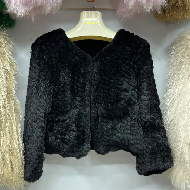 2023 Autumn Winter Women Real Rex Rabbit Thick Fur Coat 100% Natural Fur Warm Knitted Female Jacket Luxury Full Sleeves Outwear