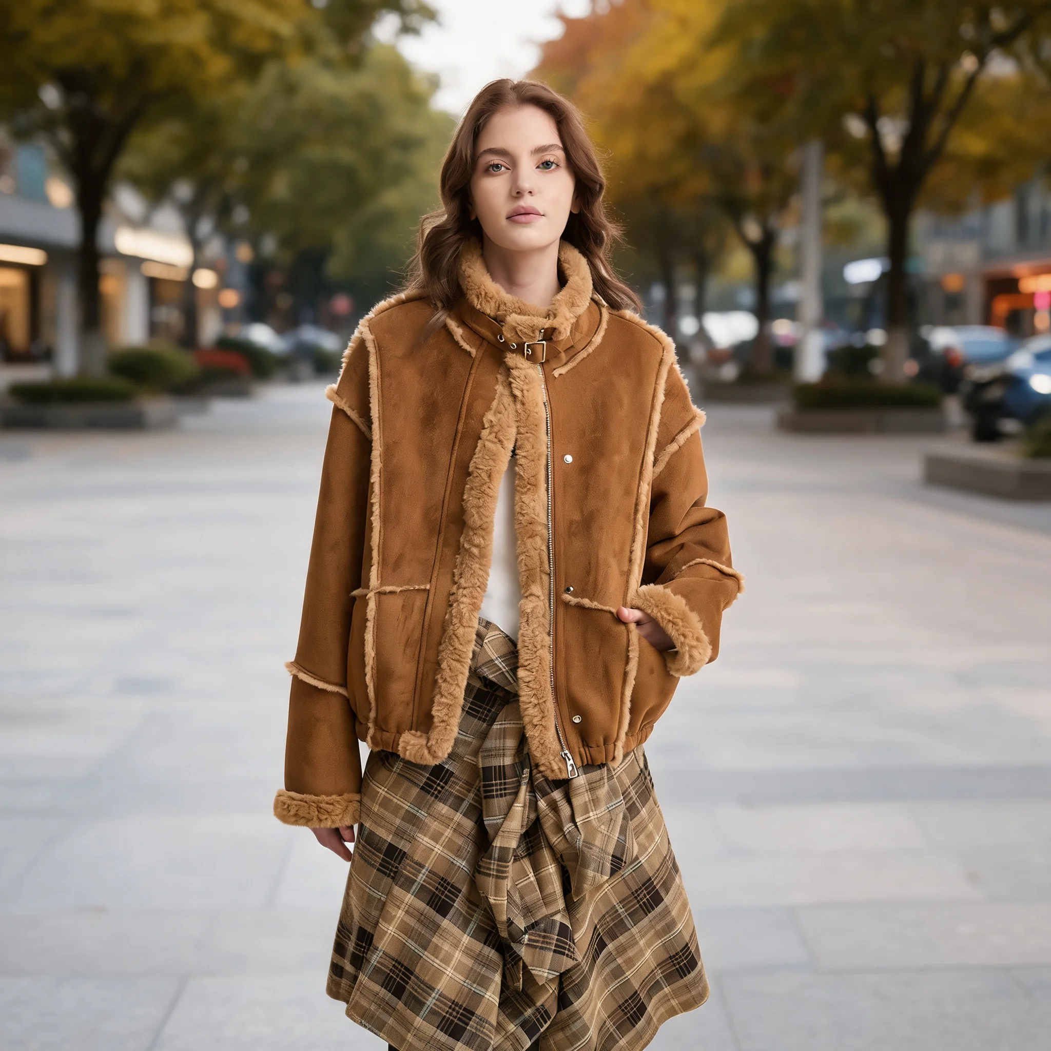Thick Stand Collar Coat Regular Fit Korean Style with Pocket Regular Length Japanese Korean Casual Autumn Patchwork Women Coat