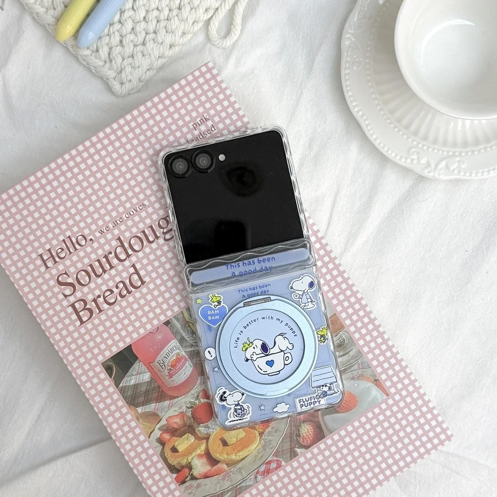 Cute Cartoon Snoopy Charlie Brown 360°Rotation Stand Phone Case For Samsung Galaxy Z Flip 8 7 6 5 Cover With Ring Holder Cover