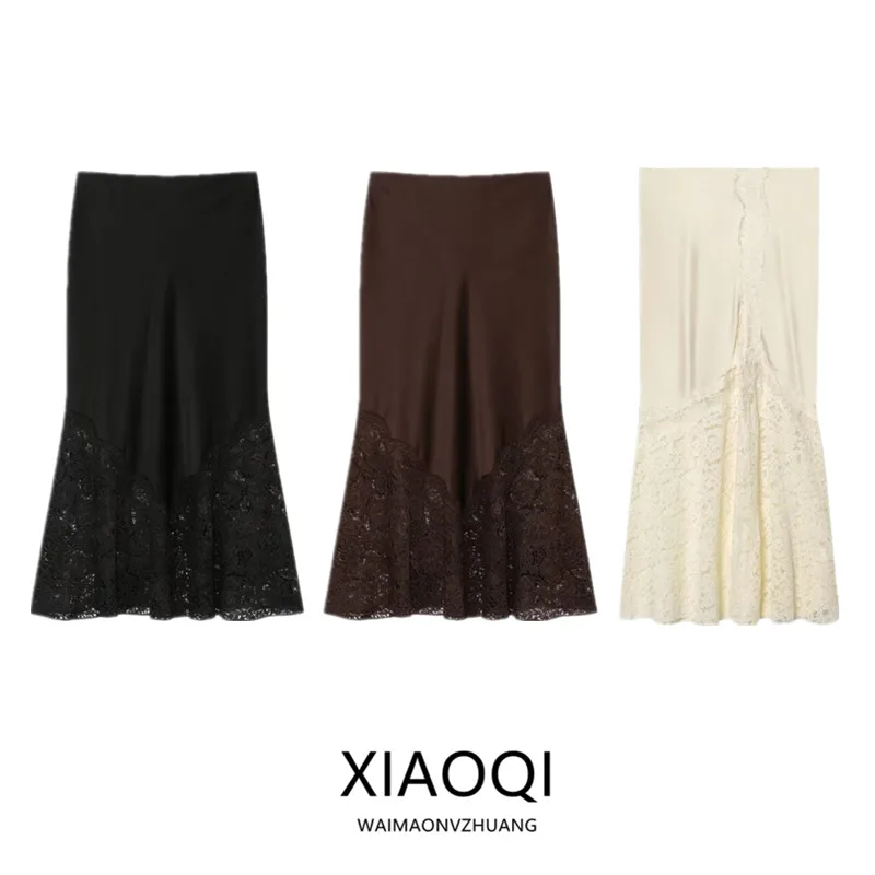 

Зима 2025: Новинка! Женская атласная юбка миди с кружевной отделкой, для офиса и города, модель 5919212