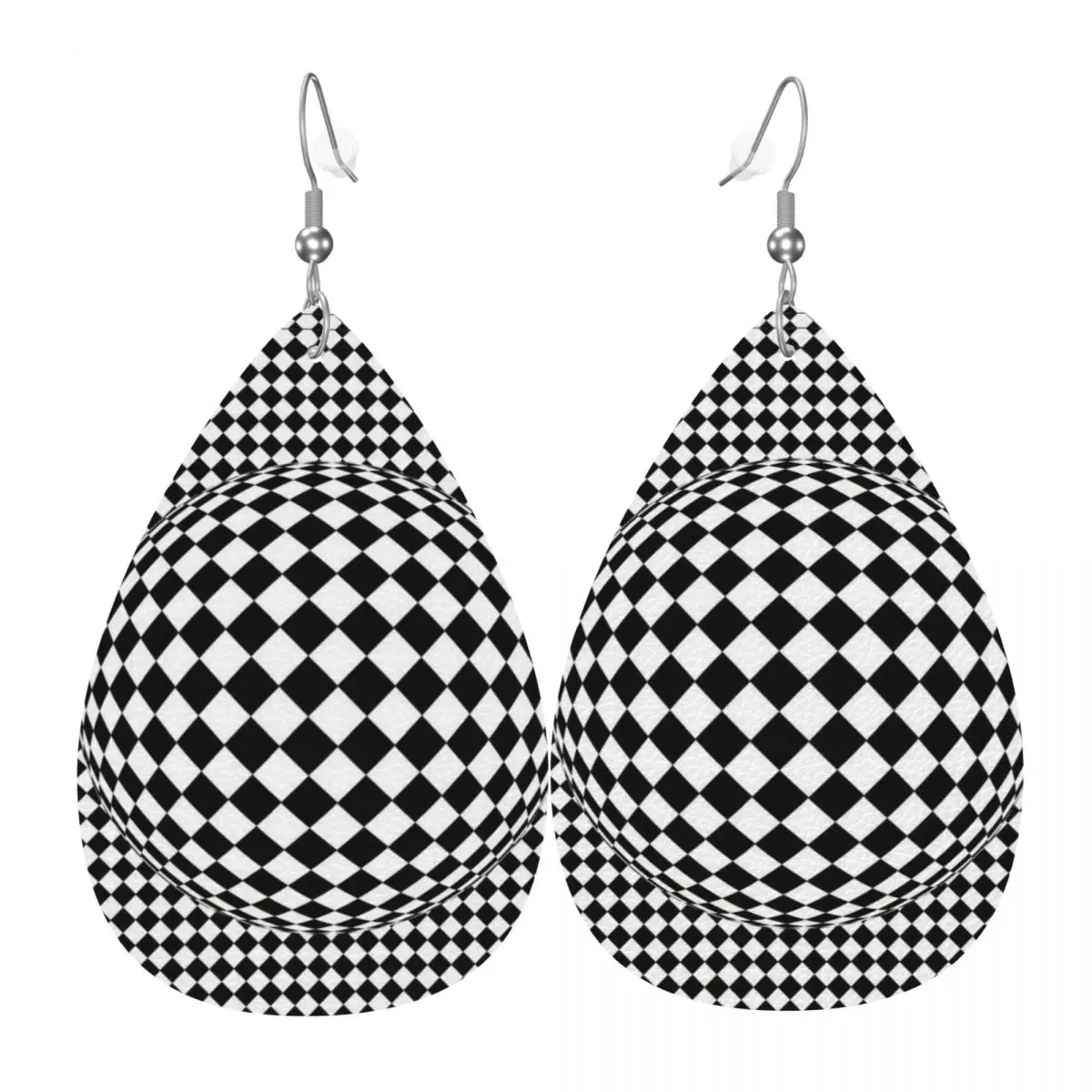 

Custom Black And White Geometric Harlequin Leather Teardrop Earrings for Leather Earrings Lightweight for Parties Holidays