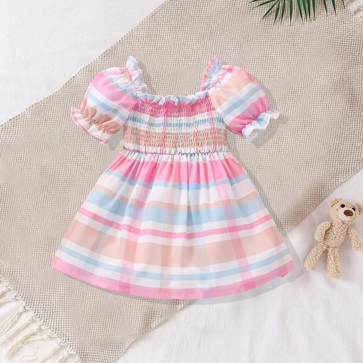 Cute and Sweet Girl with Multi colored Striped Bubble Sleeve Smoked Craftsmanship Dress for Baby Girls