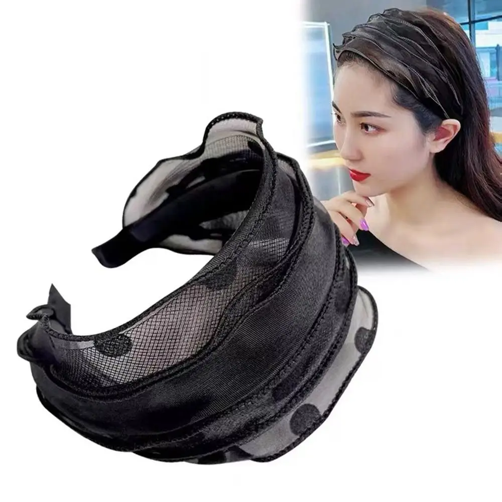 Trendy Mesh Wave Point Wide Brimmed Headband for Female Temperament Fabric Anti-skid Hairband Hair Hoop Hair Accessories