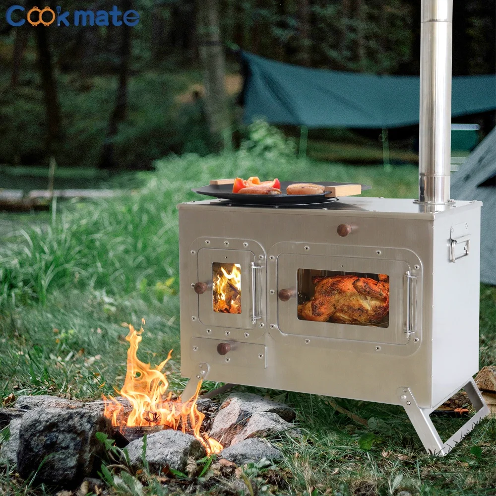 New Design Stove Stainless Steel Thermal Tent Stove Burn Wood with Large Firebox and Side Window for Cooking Heating Thermometer