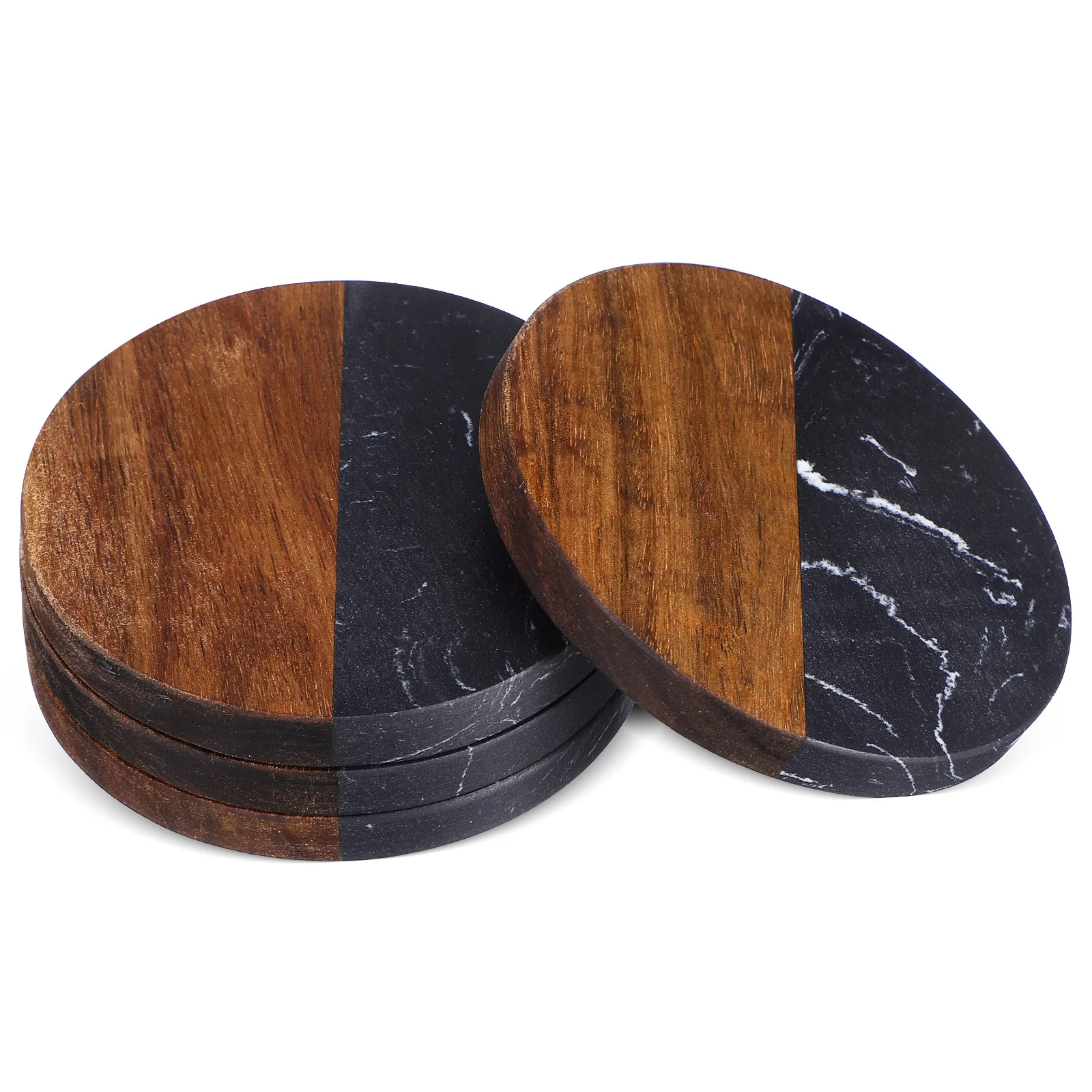

4Pcs Resin Round Coasters Half Wood Half Marble Heat Resistant Cup Pads Set for Desk Tabletop Home Office Party Use