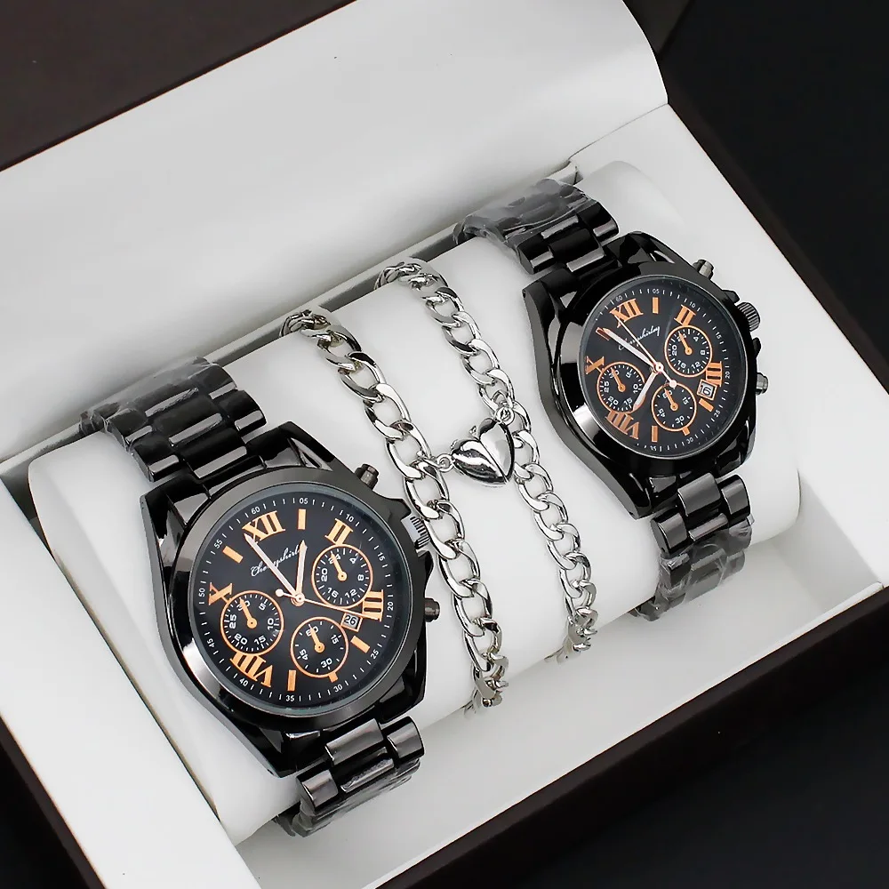 4Pcs Couple Watch Set Men Black Quartz Steel Watch Luxury Mens Womens Wristwatch Relogio Feminino With Bracelet Nesklace Gifs