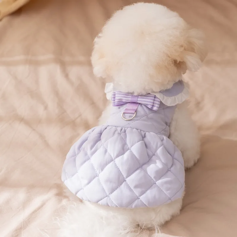 

Winter Cotton Dresses for Pets Solid-Color Dog Clothes Thickened Warm Down Jacket for Teddy Dogs Princess-Style Coat