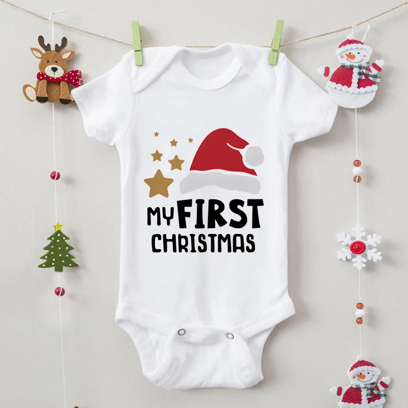 My First Christmas Newborn Baby Bodysuits Clothes Cartoon Xmas Hat Short Sleeve Boy Girl Infant Romper Chrimbo Gifts Jumpsuits