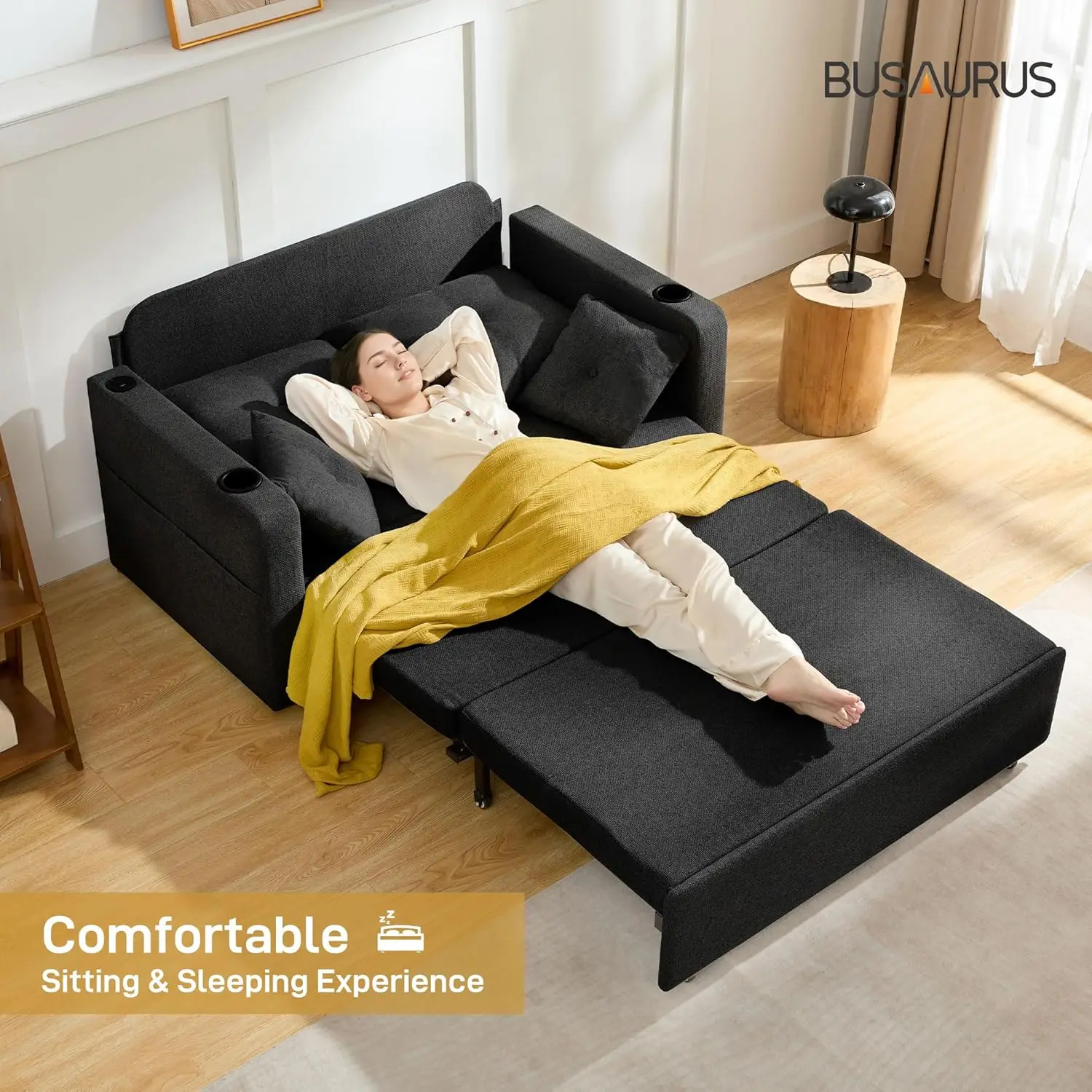 Sofá-Cama Conversível, Sofá Retrátil de 56 Polegadas, Sofá-Cama Loveseat com 4 Almofadas, Compartimento e USB, Personalizado