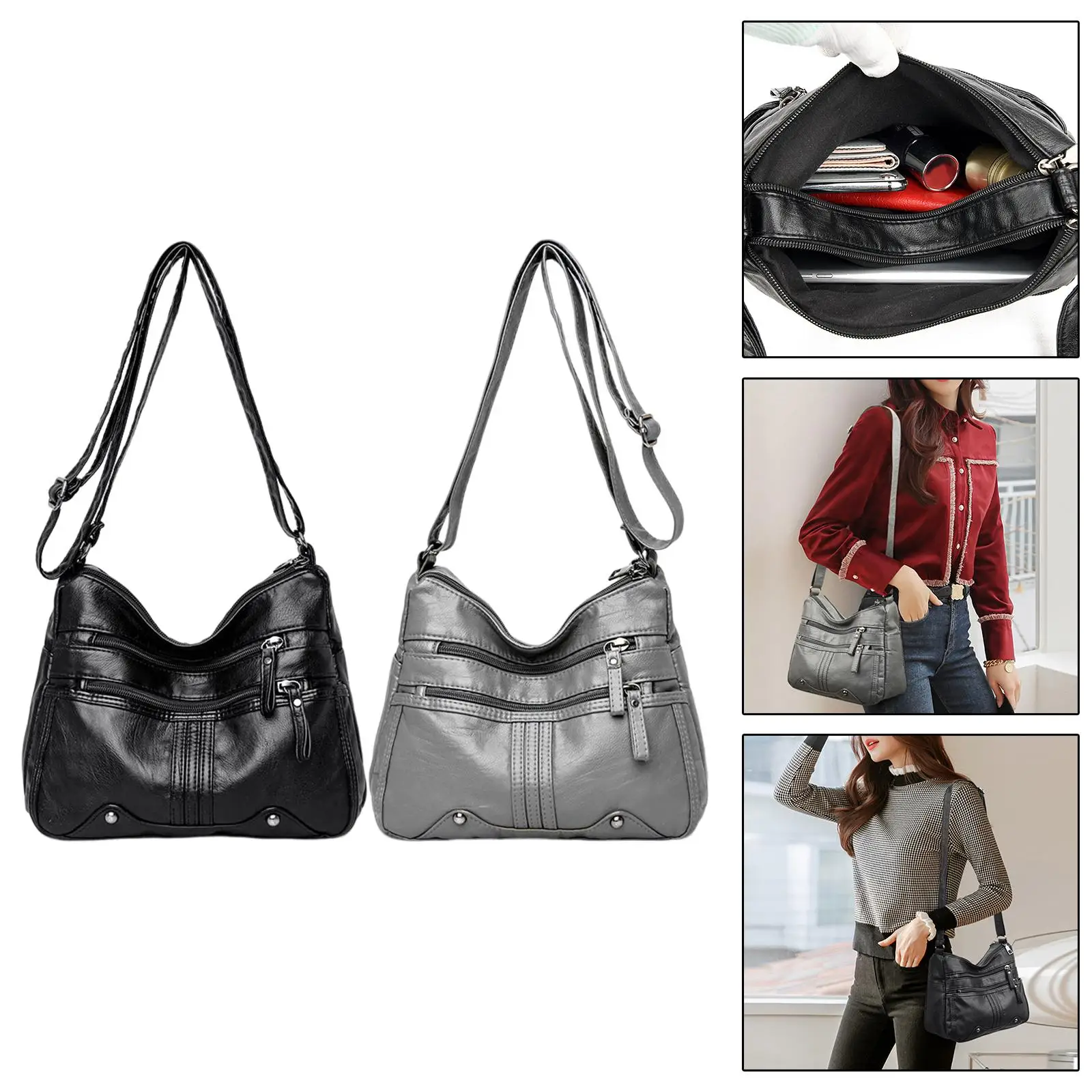 

PU Leather Women Shoulder Bag Casual Purse with Pocket Multi Layer Handbag