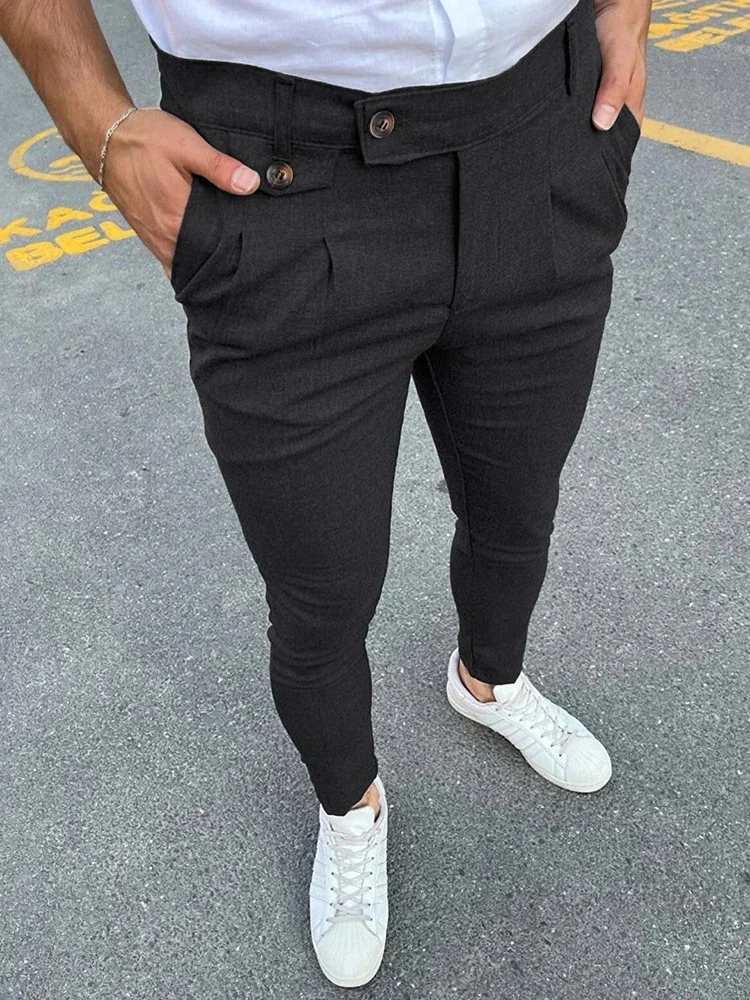 2024 Spring Summer New Casual Suit Trousers Men Vintage Solid Color Slim Pencil Pants Fashion Button Waist Design Mens Trousers