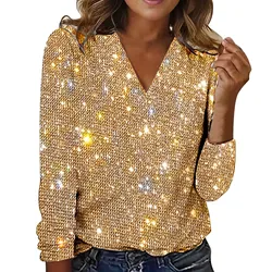 Elegant Women Blouse Sequin V Neck Long Sleeve Blouse Soft Pullover for Women Breathable Fashion Commute Club Party Shirt Top