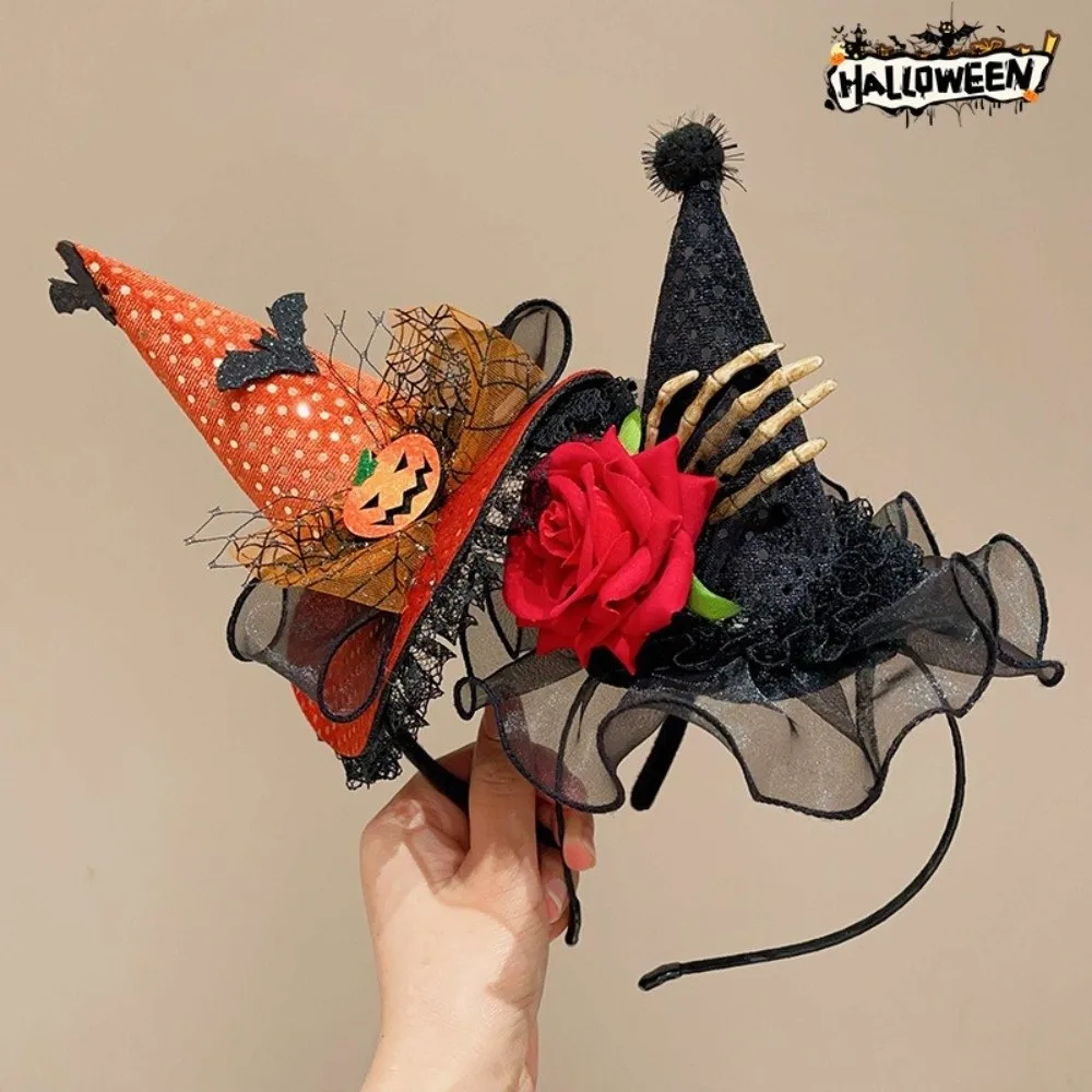 Pointed Hat Halloween Headband Pumpkin Ghost Lace Ribbon Witch Hat Hairband Hair Accessories Cosplay Props
