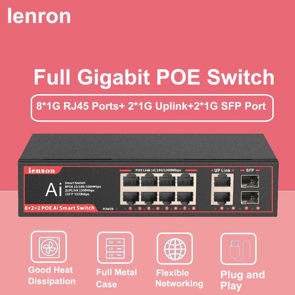 

Ienron Gigabit Switch POE Switch 1000Mbps 12 Ports Ethernet Switch 52V IEEE802.3AF/AT for IP cameras WLAN access point IP phone