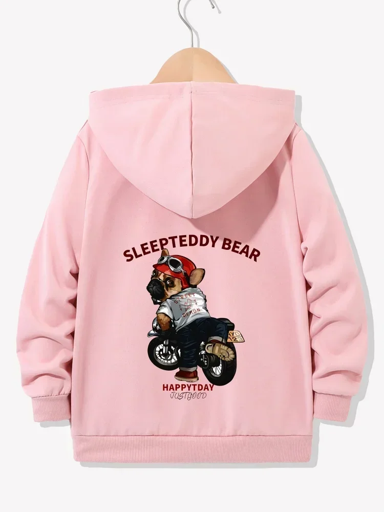 Kids Long Sleeve Zip Hooded Sweatshirt Biker Bulldog Sleepteddy Bear Happyday Graphic Design Loose Casual Hooded Jacket