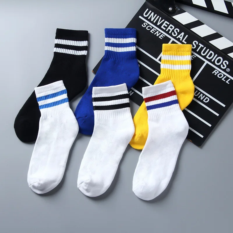 Men's Mid-tube Socks Towel Bottom Hair Ring Thickened Stripe Sports 80 Cotton Sweat-absorbing Shock-proof Fashion White Socks