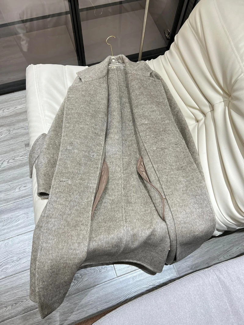 Lingzhi Wu Sheep Wool Coat Cashmere Silk Outerwear Autumn Winter British Double Breasted Thick Outwear Top Quality Woolen Coat