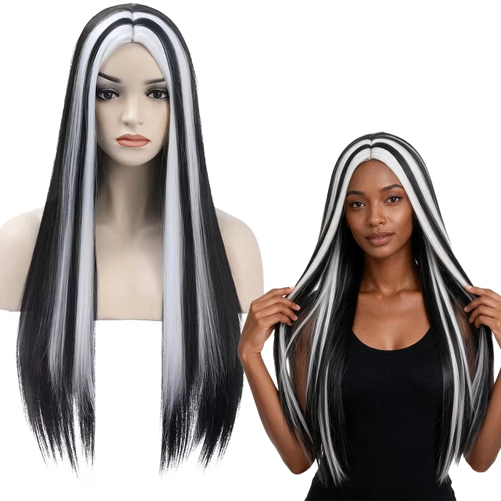 Black and White Contrast Long Straight Wig with Highlights Synthetic Fiber African Woman Cosplay Wig Party and Holiday Headpiece - view 4