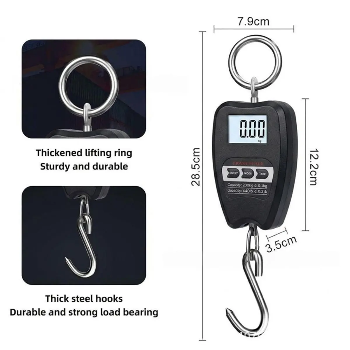200kg Portable Digital Hanging Scale,Electronic Hook Crane Scale with Multi Unit Conversion for Industrial Weighing