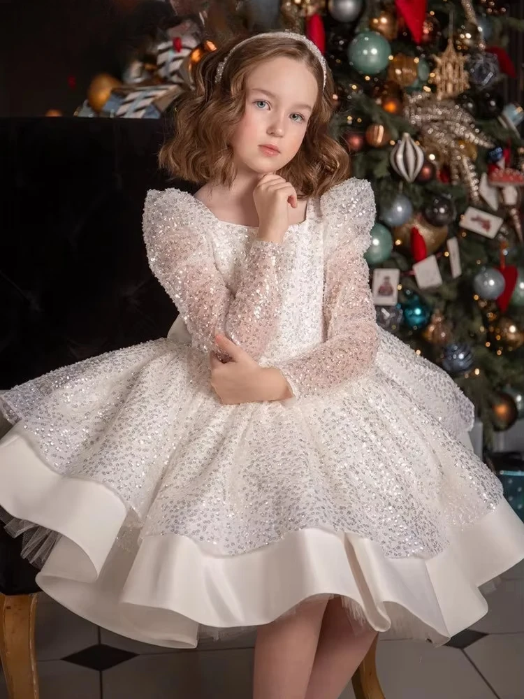 Girls Sequin Mesh Long Sleeve Birthday Party Dress Baby Girl Childrens Dress Cute Kids Clothes Opening Ceremony Prom Gown New