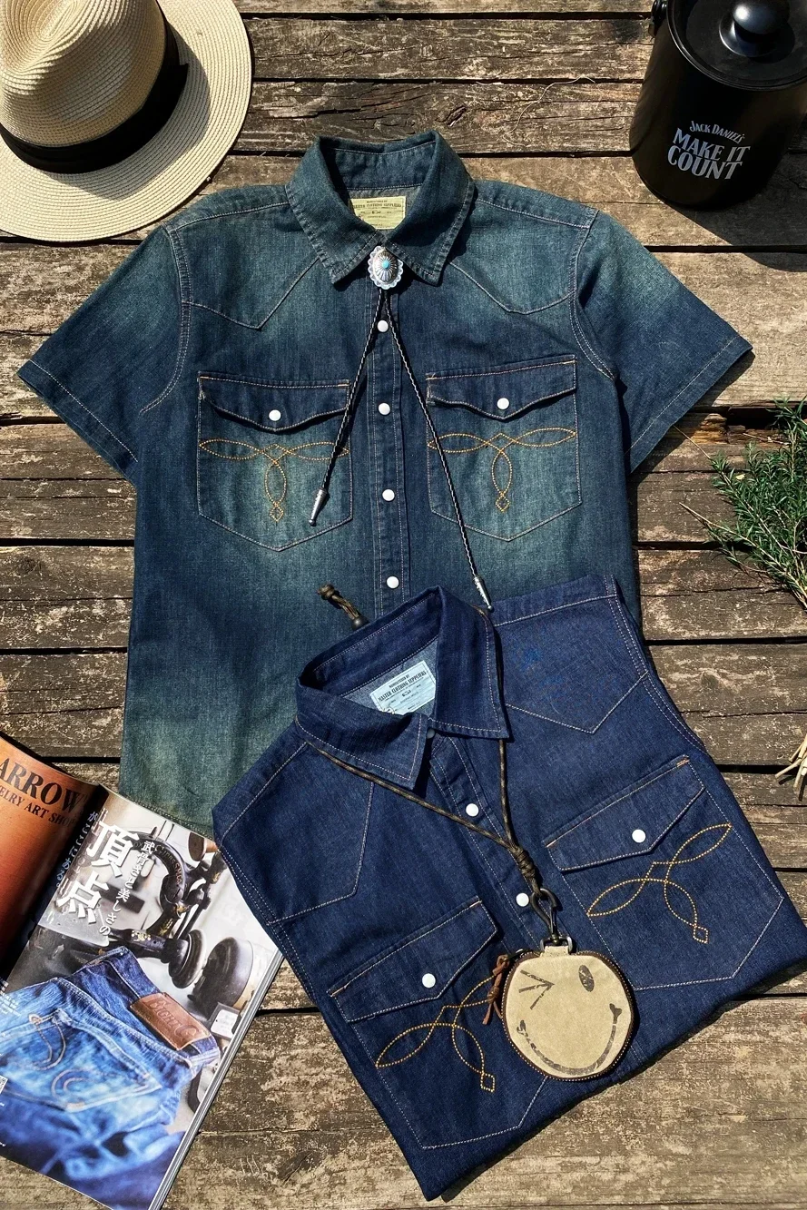 

Blunt Razor American Vintage Bag Flower Jewel Button Western Denim Short-sleeved Shirt