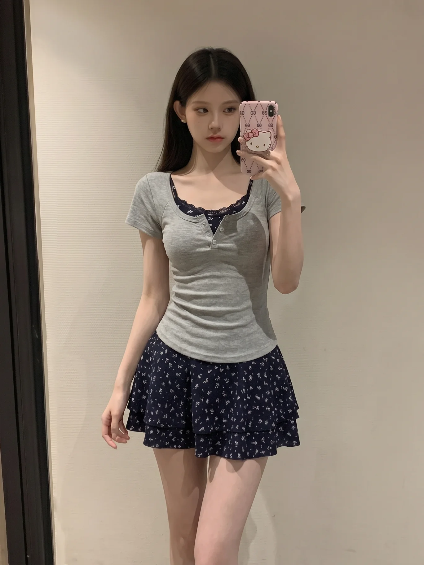 

Pure Desire Floral Lace Splice Short Sleeve Top And Dress Two-Piece Set for Young Girls Summer Casual Style High Waist Slim Fit