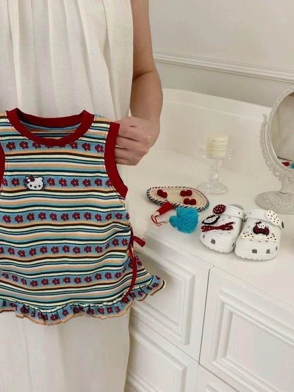 Filles rayure T-shirt Dr Vintage tenue d'été bébé gilet jupe vêtements pour enfants coton vichy Plaid Midi Dr